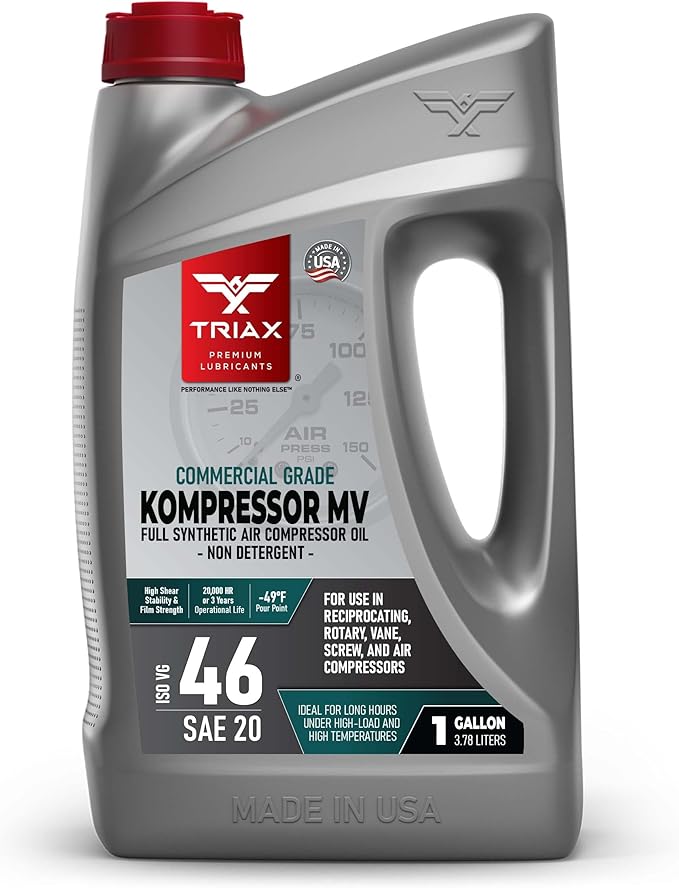 TRIAX Kompressor MV 46 SAE 20, Full Synthetic, Multi-Vis Air Compressor Oil | for Rotary, Vane, Screw, and Reciprocal | Commercial Grade | High Temp | Non-Detergent (1 Gallon)