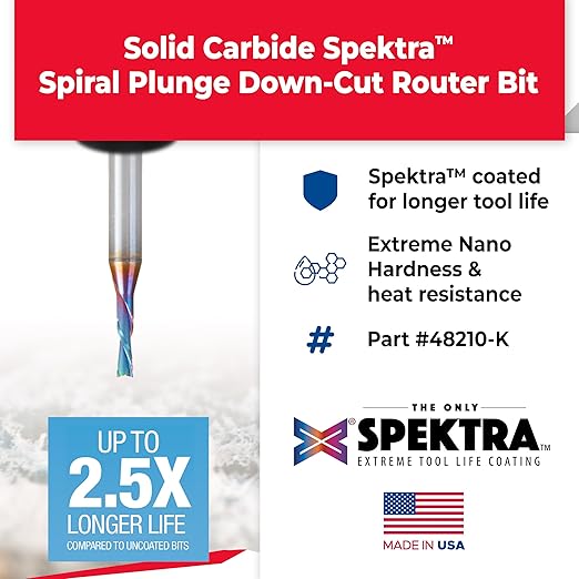 Amana Tool 48210-K SC Spektra Extreme Tool Life Coated Spiral Plunge 1.5mm Dia x 5mm CH x 3mm SHK 50mm Long Down-Cut Router Bit for Drilling Shelf Pin Holes