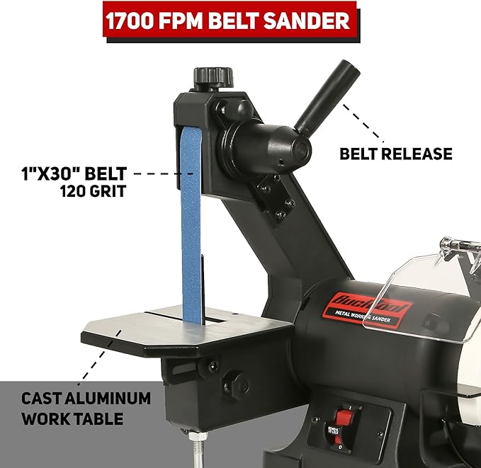 Bucktool Low Speed Bench Belt Grinder Combo, 2.1A 1x30 inch Belt & 6 inch Grinder, 1/3 HP Low Speed Bench Belt Disc Sander Combo for Knife Making, Sharpening, Woodworking, Metalworking