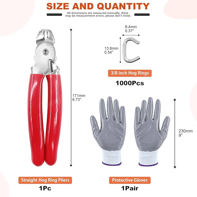 Tanstic 1001Pcs 3/8'' Hog Rings and Hog Ring Plier Kit, 1000Pcs Galvanized Hog Rings and Hog Ring Plier with Cut Resistant Gloves for Bungee, Animal Pet Cages, Bagging, Fencing and Furnitures