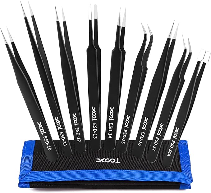 Precision Tweezers Set, XOOL 9 PCS ESD Tweezers Set, Anti-Static Stainless Steel Tweezers Kit, Multi-standard Stainless Steel Tweezers for Lab, Electronics, Jewelry and Detailed Work