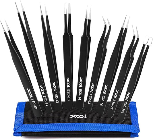 Precision Tweezers Set, XOOL 9 PCS ESD Tweezers Set, Anti-Static Stainless Steel Tweezers Kit, Multi-standard Stainless Steel Tweezers for Lab, Electronics, Jewelry and Detailed Work