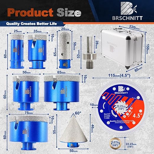 Diamond Core Drill Bit Set - BRSCHNITT Tile Hole Saw Kit 1" 1-3/8"1-3/4"2-1/2"3" & 4/5" Finger Bit & 2" Chamfer Bit for Porcelain Tile Ceramic Marble Granite Diamond Blade