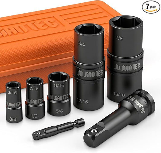 Lug Nut Impact Socket Set, Impact Driver Flip Socket, Five Sockets with 1/4-Inch Hex and 1/2-Inch Square Socket Adapters, Premium chrome vanadium Alloy Steel, with Molded Case