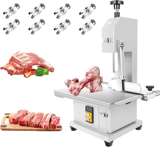 1500W Commercial Electric Meat Bandsaw, 19x14" Stainless Steel Worktable, Cuts 0.04-5.0" Thickness, Frozen Meat Cutter with 8 Blades Included, Electric Bone Saw Machine for Rib Pork Beef