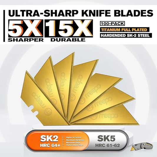 100-Pack Utility Knife Blades, Titanium Fully Plated, Durable SK-2 Razor Blades for Utility Knife Box Cutter, Never Rust, Extra Durable, With 1-blade & 5-blade Dispenser