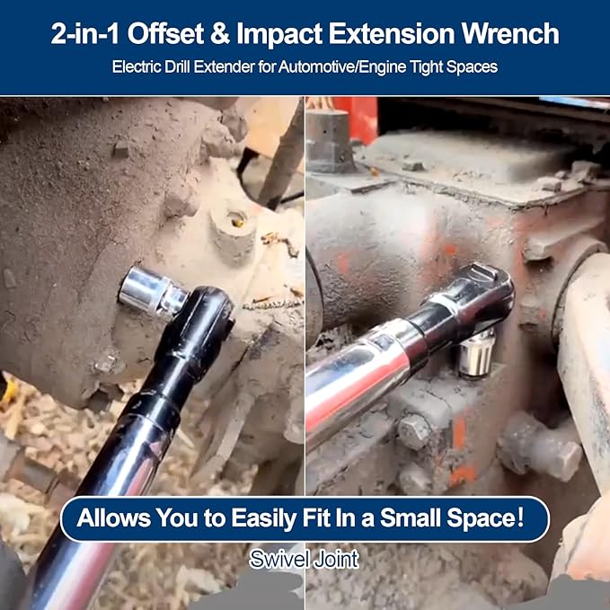1/2" Offset Extension Wrench Impact for Electric Drill with 3/8" & 1/4" Adapters set , Universal Offset Extension Wrench Set, 17-Inch Heavy Duty with 5 Adapters, Forward/Reverse Switch for Automotive