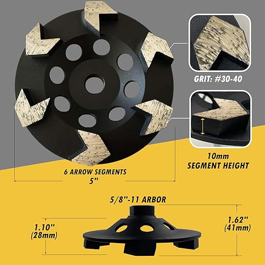 5" High Performance Diamond Grinding Wheels for Concrete, Paint, Epoxy, Mastic, Coating Removal, #30/40 Grit, 6 Arrow Segments, 5/8"-11 Arbor