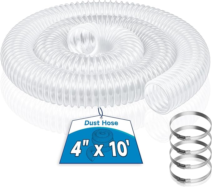 Hon&Guan 4" x 10' Dust Collection Hose, 4 Inch Dust Collector Hose for Woodworking Dust Collecting System, Flexible Clear PVC Dust Hoses with Carbon Steel Wire