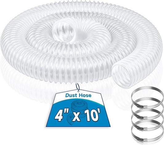 Hon&Guan 4" x 10' Dust Collection Hose, 4 Inch Dust Collector Hose for Woodworking Dust Collecting System, Flexible Clear PVC Dust Hoses with Carbon Steel Wire