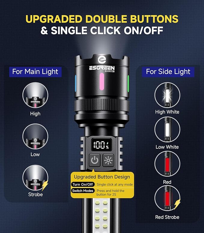 Esgreen LED Rechargeable Flashlights High Lumens 10000 2 Pack, Single Click Bright Flashlight Long Lasting 12H, Compact Handheld Flash Light USB C, White & Red Light, for Hiking Camping Gift