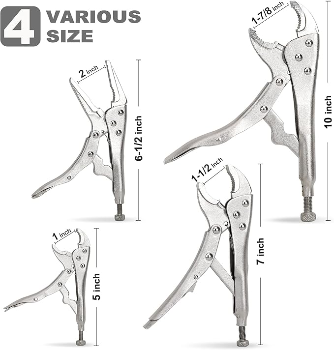 FASTPRO 4-Piece Locking Pliers Set, Vice Grips Pliers Included 5", 7", 10" Curved Jaw and 6-1/2" Straight Jaw
