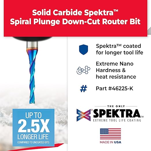 Amana Tool - 46225-K Solid Carbide Spektra Extreme Tool Life Coated Spiral Plunge 1/8 Dia