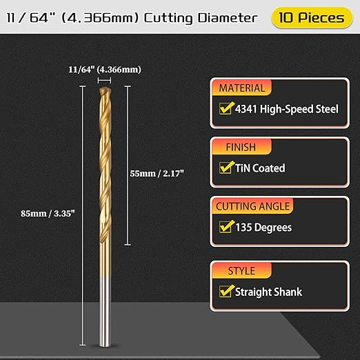 Drill Bit, 11/64" Cutting Diameter, 4341 HSS Jobber Bits TiN Coated 135° Cutting Angle - (Applications: for Drilling Soft Metal Plastic Wood), 10-Pieces