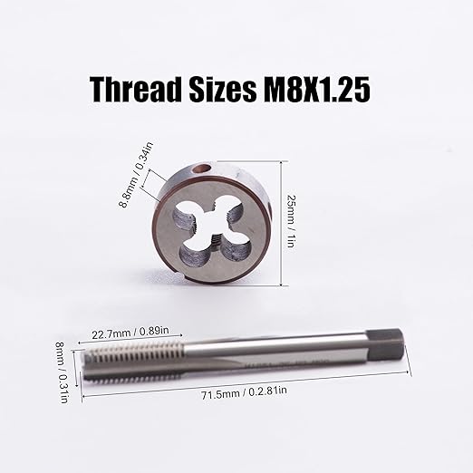 M8 x 1.25mm Metric Tap and Die Set, M8 x 1.25mm High-Speed Steel Machine Round Tap Die Set, Right Hand Thread Tap and Round Thread Die Tool