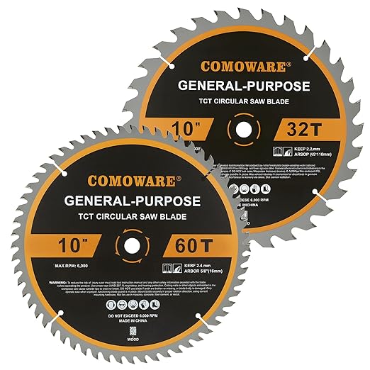 COMOWARE 10 inch Miter Saws Blade, 32T & 60T ATB Circular Saw Blade, 5/8" Arbor, TCT Carbide-Tipped, Anti-Vibration, Teflon Anti-Stick, Miter Saws Blades for Wood, Laminate, Plywood & Hardwoods
