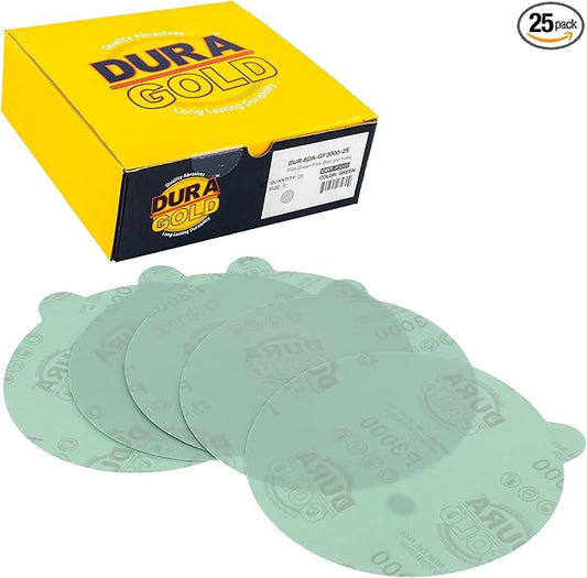 Dura-Gold Premium 6" Green Film PSA Sanding Discs - 3000 Grit (Box of 25) - Self Adhesive Stickyback Sandpaper for DA Sander, Detailing Finishing Cut Abrasive, Sand Automotive Paint Woodworking Wood