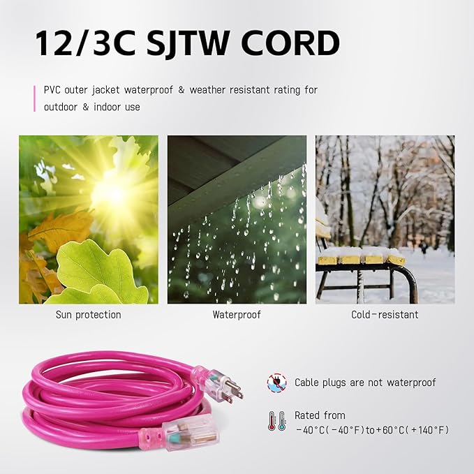 EP 3 Ft Outdoor Extension Cord, 12/3 SJTW Heavy Duty Waterproof Power Cable, 3 Prong Grounded Plug, Lighted End, for Lawn, Garden, Appliances, Pink