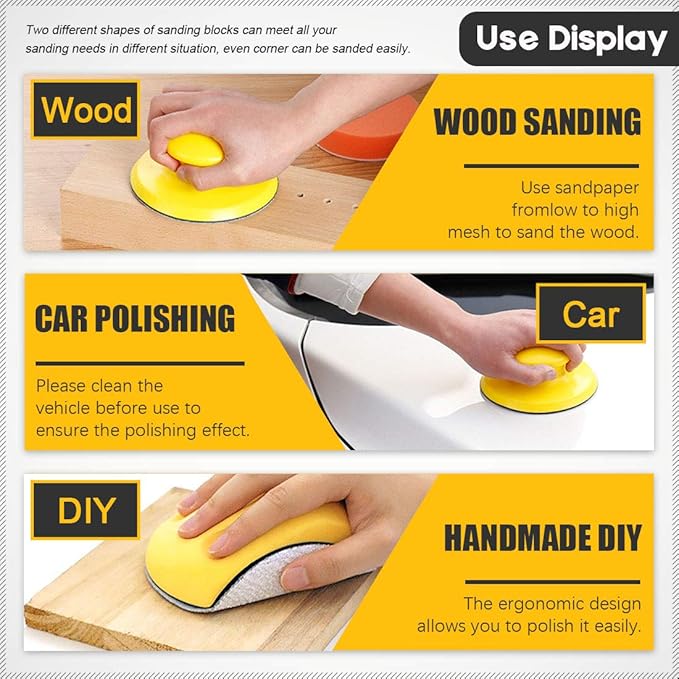 Glarks 62Pcs 5 Inch Hand Sanding Blocks Round and Mouse Hand Sanding pad with 60Pcs 8 Hole Hook and Loop Sanding Disc Set for Woodworking, Furniture Restoration, Home and Automotive Body
