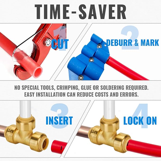 SUNGATOR 1/2 Inch Tee, Push Pex Tee Plumbing Fittings 1/2 Inch, No Lead Brass Push-to-Connect T Plumbing Fittings for PEX Pipe, Copper, CPVC Transition, with 1 Disconnect Clip, Pack of 6