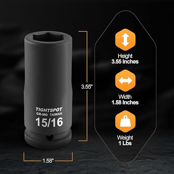 TIGHTSPOT 3/4" Drive 15/16 Inch SAE Deep Impact Socket Heavy Duty CR-MO Jumbo Socket 6 Point Automotive Truck and Heavy Equipment Repair