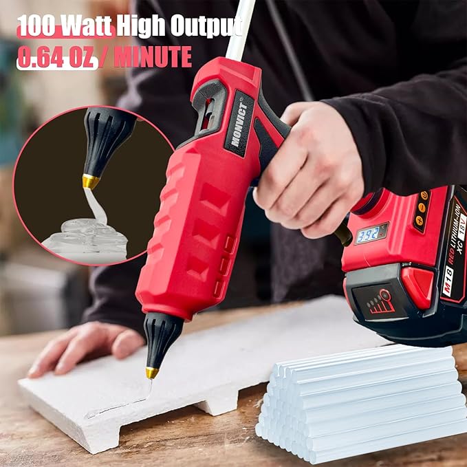 MONVICT Cordless Glue Gun for Milwaukee 18V Battery with 50 Glue Sticks, 100W Upgraded Digital Temperature Adjustable Handheld Electric Power Full Size Heavy Duty Hot Glue Gun (Tools only)