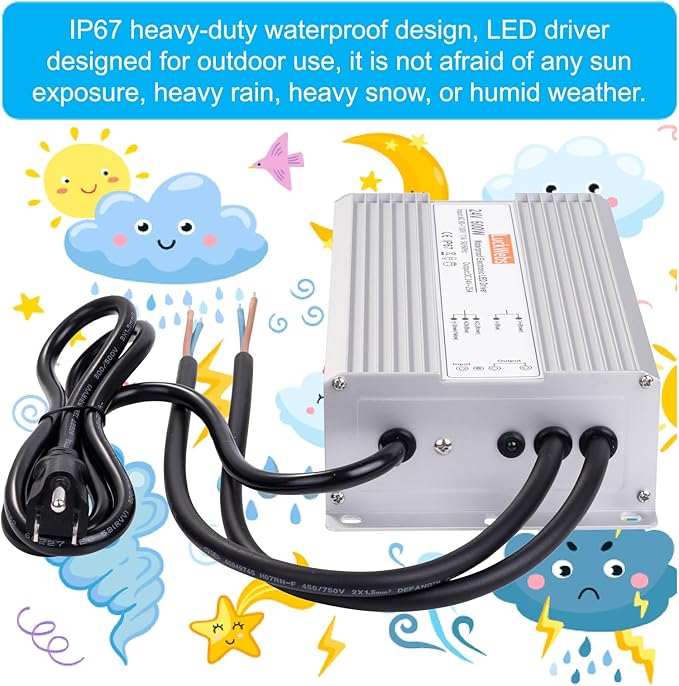 LED Driver 24V600W Waterproof Power Supply AC 90-130V to DC 24V25A Low-Voltage IP67 Switching Power Supply Landscaping Decorative Lighting LED Waterproof Transformer