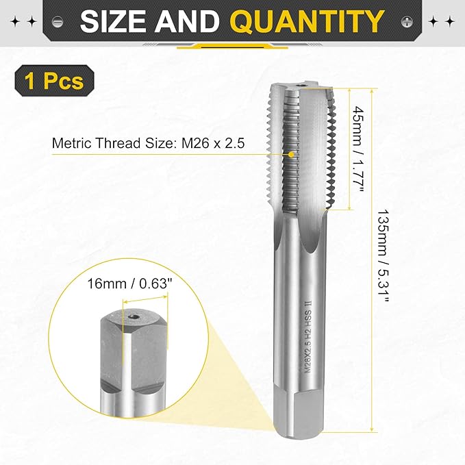 uxcell Hand Plug Tap M26 x 2.5 H2 Metric Thread Plug Style Taps Straight Flute Screw Tapping Threading Tool High Speed Steel HSS6542