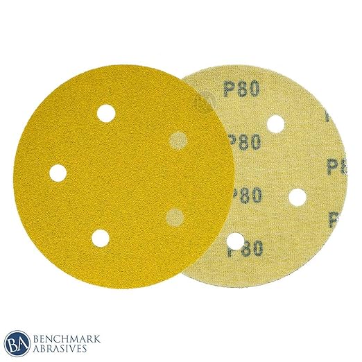 Benchmark Abrasives 5 Inch Sanding Discs Hook and Loop, Aluminum Oxide Stearated Gold 5 Holes Adhesive Sandpaper for Surface Blending, Automotive - Orbital Sander Sandpaper (50 Discs), 150 Grit