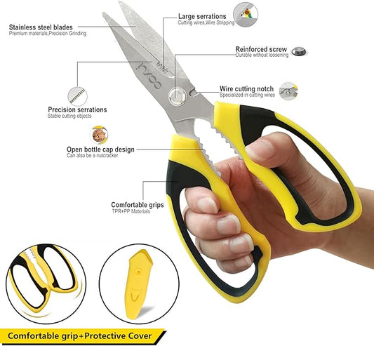 8-Inch Heavy Duty Scissors ??Ultra Sharp Stainless Steel Shears with Serrated Edge & Protective Cover, Ideal for Cardboard, Wire, Fabric & More (Yellow)