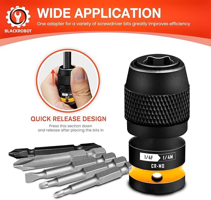 BLACKROBOT 2PCS Quick Release Impact Bit Holders 1/4-Inch Square Drive to 1/4-Inch Hex Socket Adapter, CR-MO Steel, Yellow