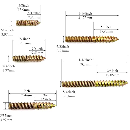 50 Pack Assorted Hanger Bolts Kit - 5 Sizes (5/32-32", 8/5, 3/4, 1, 1-1/4, 1-1/2") - Double Headed Bolts, Wood Dowel Screws