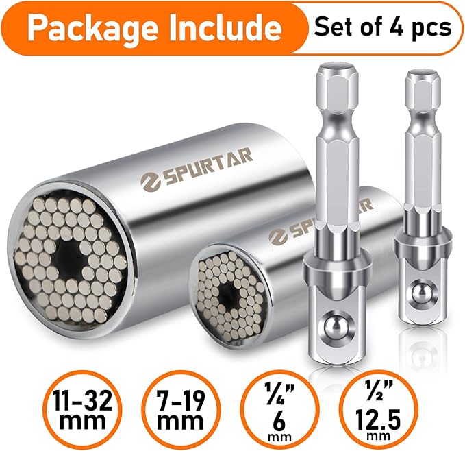 Spurtar Universal Socket Set(11-32mm 7-19mm) for Unscrew Any Bolt Multi-Function Universal Socket Tool with 3/8" 1/2" Power Drill Adapters Birthday Gift for Dad, Husband, Man, Handyman, Father Gadgets