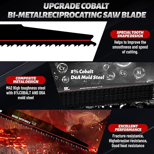 25 Pack 9 in 6/12TPI Reciprocating Saw Blades for Sawzall Blades Nail-Embedded Wood Cutting,M42 Steel Cobalt Bi-Metal Blades Replace for Milwaukee for Dewalt for Diablo for Sawzall Blade