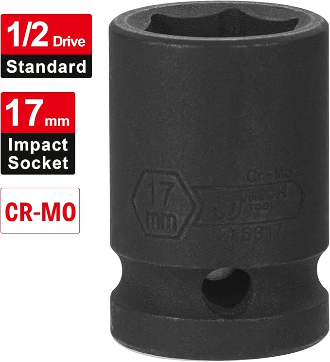 JETECH 1/2 Inch Drive 17mm Standard Impact Socket, Chrome Molybdenum Alloy Steel, 6-Point Design, Metric