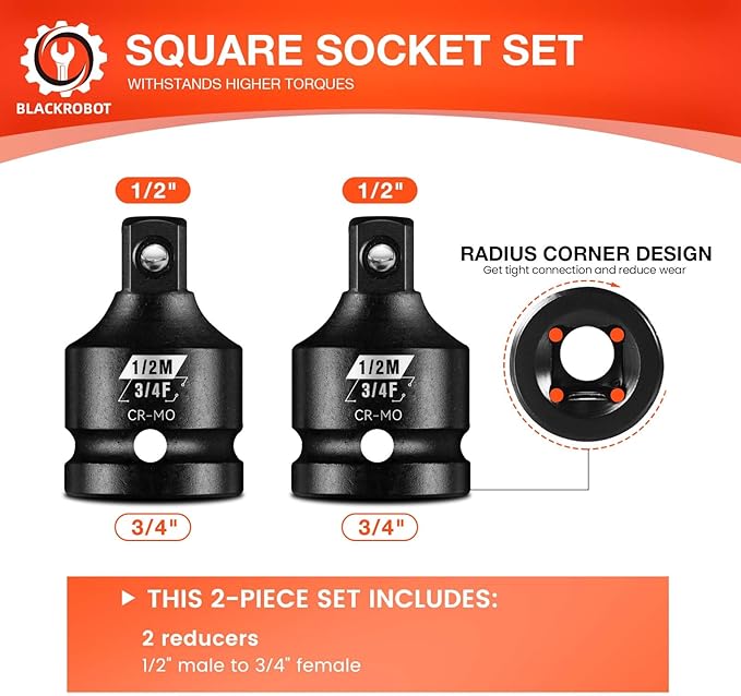 BLACKROBOT 2 Pieces 3/4??F To 1/2??M Impact Socket Adapter Set, SAE Drive Cr-Mo Steel Exceeds ANSI Standards, Square Drive Socket Reducer for Impact Driver Wrench