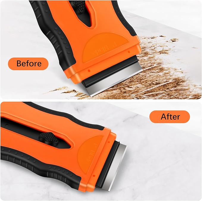 DEKEones Razor Blade Scraper, 1 Pack 2-in-1 Retractable Double-ended Razor Scraper Tool with Extra 5Pcs Plastic and Metal Razor Blades, Multi-Purpose Scraping Tool for Cooktop Oven (Orange）