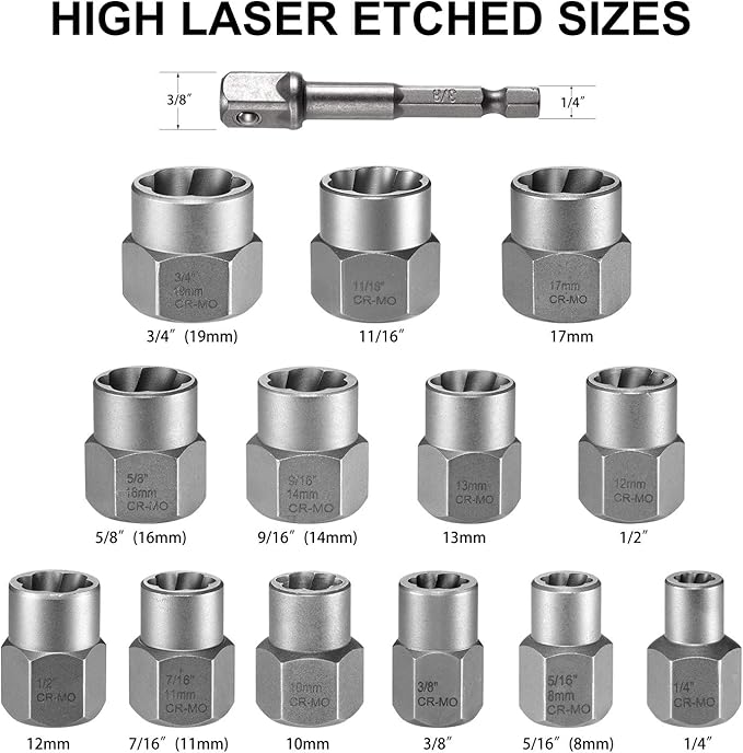 THINKWORK Bolt Extractor Kit, 13+1 Pieces Nut Extractor Socket Set, 3/8" Drive Rounded Bolt Remover, Lug Nut Removal Tool for Damaged, Rusted, Rounded-Off, Stripped Fasteners