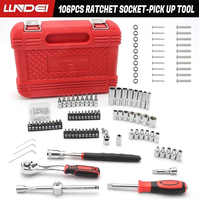 LLNDEI 106PCS 1/4-inch Drive Socket Set with Wrench, CR-V Steel Kit, Ratchet Handle, Screwdriver Bit Set & Magnetic Pickup Tool, With 11x8x2.5-inch Carrying Case