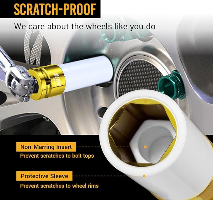 EWK 1/2" Drive 19mm Lug Nut Socket, 19mm Socket for Wheel Service, Non-Marring Protective Sleeve Prevents Damage to Custom Rims