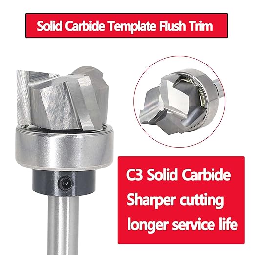 Spiral Flush Trim Router Bit 1/4 Shank, Carbide Head 3-Flute, 3/4" Diameter, 3/8" Cutting Length, Pattern Template Flush Trim Router Bit, for Grooves, Bottom Cleaning, Wood Trimming