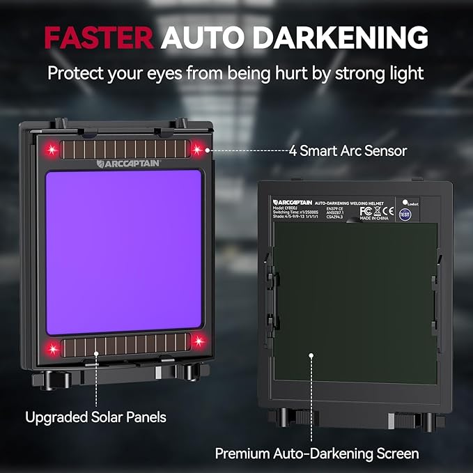 ARCCAPTAIN Auto Darkening Welding Helmet with Side View, 180째 Panoramic View, 1/1/1/1 True Color Large Viewing Welding Hood with 4 Arc Sensor Solar Powered, Wide Shade 4/5-9/9-13 for TIG MIG ARC CUT