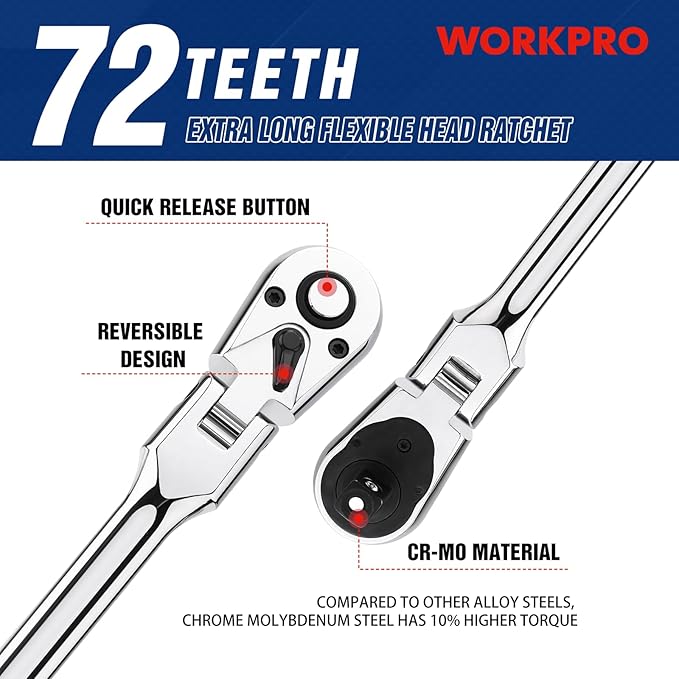 WORKPRO 3/8" Drive Extra Long Flex Head Ratchet, 18 Inch Reach Quick Release CR-V Steel Ratchet Handle, CR-MO Head, Reversible Design, 72-Tooth