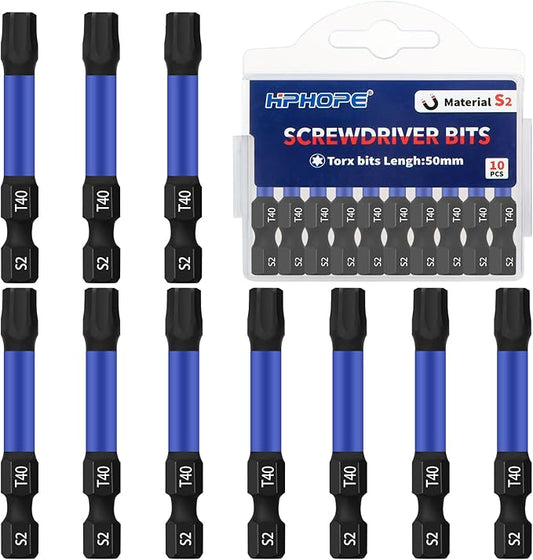 HPHOPE T40 Screwdriver Bit Set 10 Pcs, Torx Bits T40, 1/4" Hexagon Bit, Length: 50mm