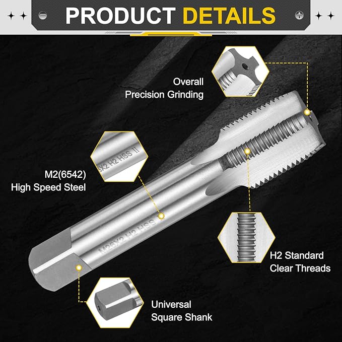 uxcell Hand Plug Tap M26 x 2 H2 Metric Thread Plug Style Taps Straight Flute Screw Tapping Threading Tool High Speed Steel HSS6542