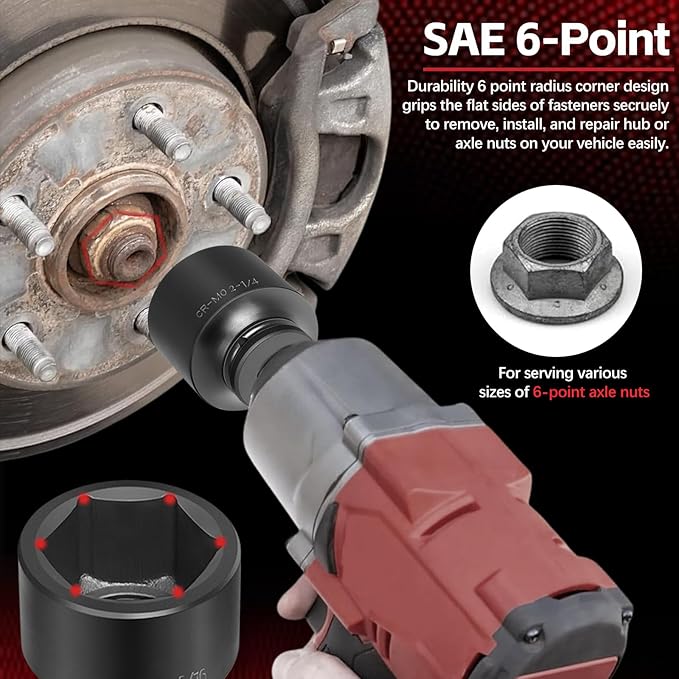3/4'' Drive Spindle Axle Nut Impact Socket Set, 8 Pack Large Impact Socket Set, Axle Nut Socket Set, 6 Point SAE Size 2-1/16" to 2-1/2", For Wheel Hub Axle Nut Removal and Installation
