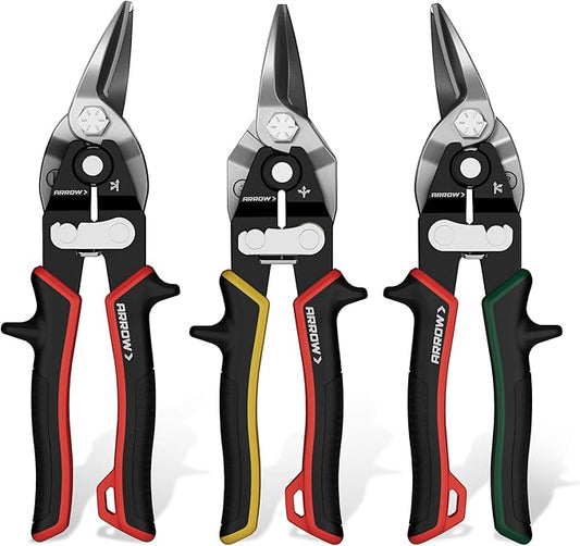 ARROW 3PCS 8-inch Tin Snips for Cutting Metal Sheet, CR-V Steel Aviation Snips, High Leverage Labor-saving Metal Cutter, Left Straight Right Cut