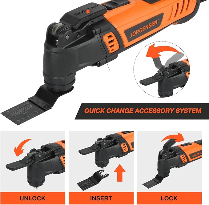 JORGENSEN Oscillating Tool 5째Oscillation Angle, 4 Amp Oscillating Multi Tools Saw, 7 Variable Speed with 16-piece Electric Multitool Blades & Carrying Bag - 70800
