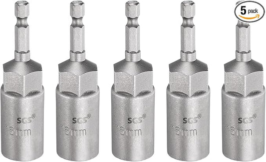 HARFINGTON 5pcs Nut Driver Drill Bit 16mm Metric Socket 1/4" Hex Shank 3.15" (80mm) Long 6-Point Sockets Quick Change CR-V Steel Bolt Setters for Power Drill Drivers