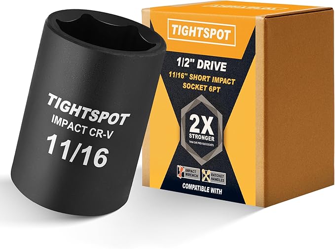 TIGHTSPOT 1/2 Inch Drive 11/16 Inch Shallow Impact Socket with Anti-Rounding 6 Point Design, Heat-Treated CRV Steel